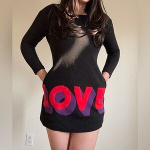RARE Vintage Lisa Perry Black Long Sleeve Love Wool Mini Shift Dress
